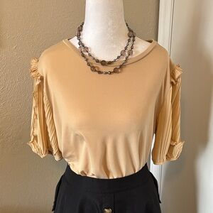 Vintage Blouse Pleated Sleeve Tan Top Size M
